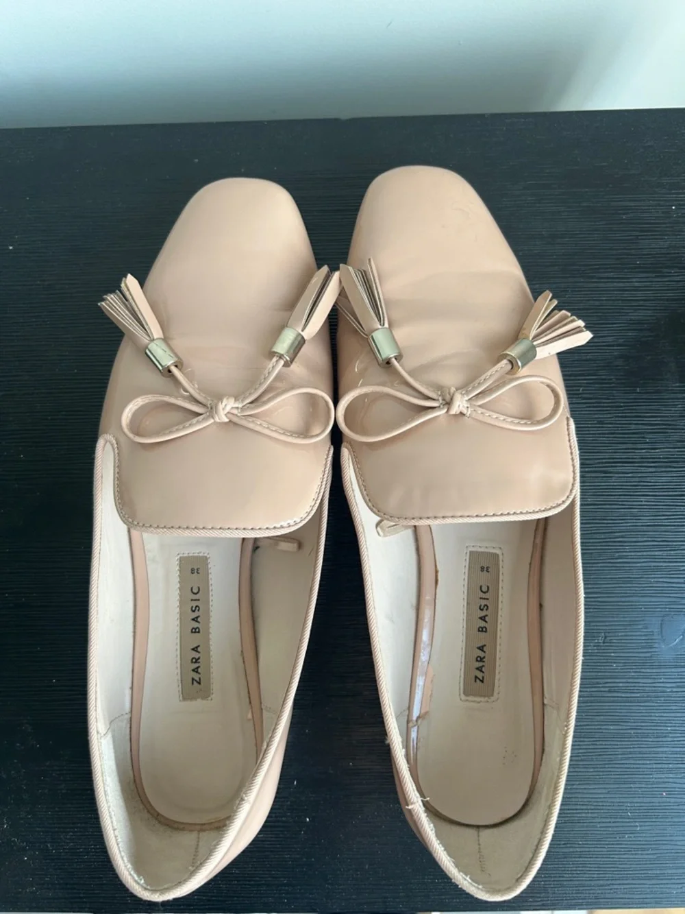 Zara Basic Nude Flats Gold Accent Heel Bow Size 38 - Picture 8 of 16